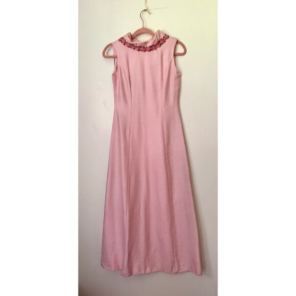 Vintage 60’s Sleeveless Light Pink Floral Mock Neck Maxi Dress XS Small Romantic - Picture 1 of 6